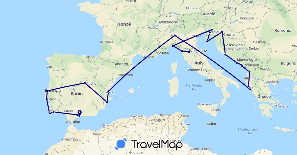 TravelMap itinerary: driving in Albania, Spain, Croatia, Italy, Montenegro, Portugal, Slovenia (Europe)