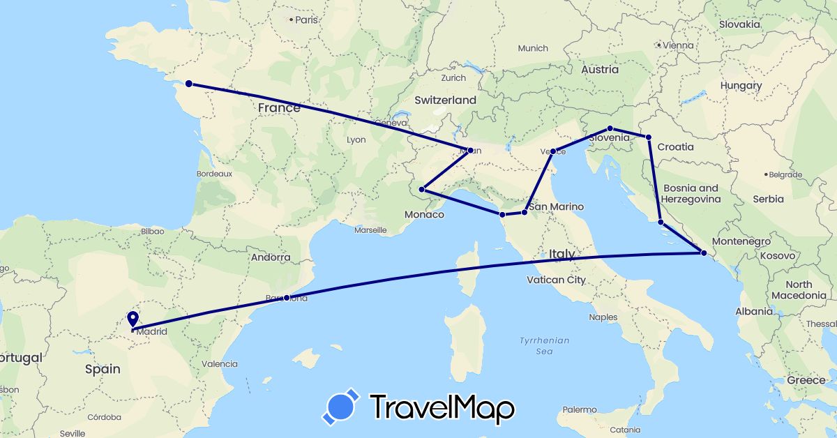 TravelMap itinerary: driving in Spain, France, Croatia, Italy, Slovenia (Europe)